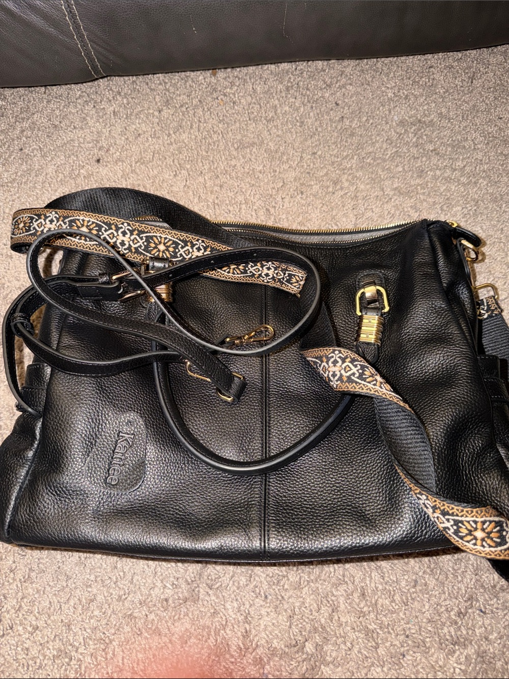 Black Leather Tote Bag with Patterned Strap